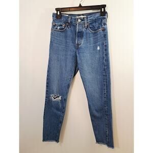Levi's Premium Wedgie Straight Jeans Butto Fly Size 24 Medium Wash Raw Hem